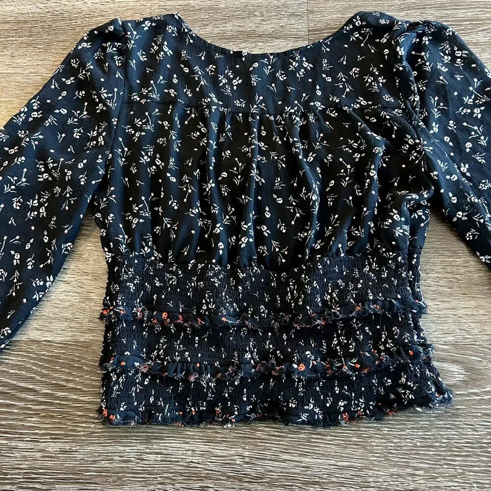 EUC Free People Lolita Floral Peasant Top Black Long Sleeve Boho Blouse Sz Small